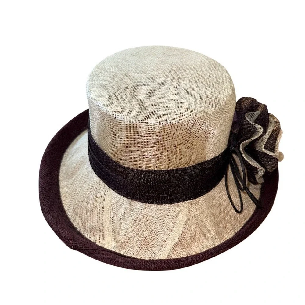 Sinamy Womens Derby Church Boater Hat One Size Beige Black Trim Flower wide brim